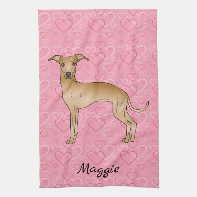 Fawn Italian Greyhound Niedlich Dog On Pink Hearts Geschirrtuch (Vertikal)