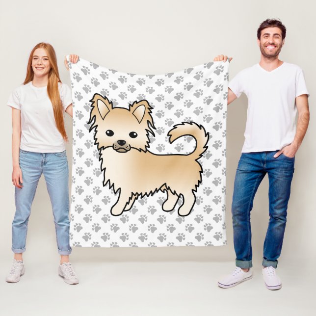 Fawn Long Coat Chihuahua Cartoon Dog & Paws Fleecedecke (Beispiel)