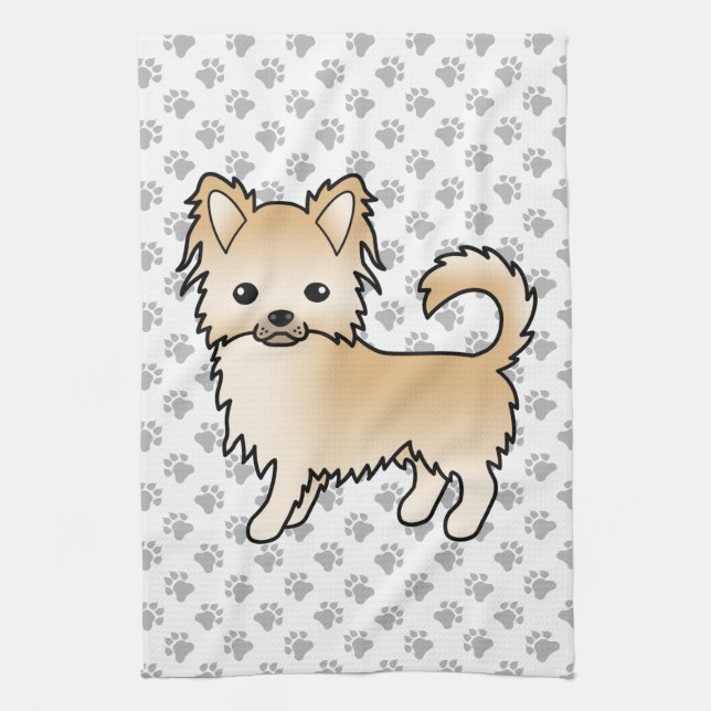 Fawn Long Coat Chihuahua Cartoon Dog & Paws Geschirrtuch (Vertikal)