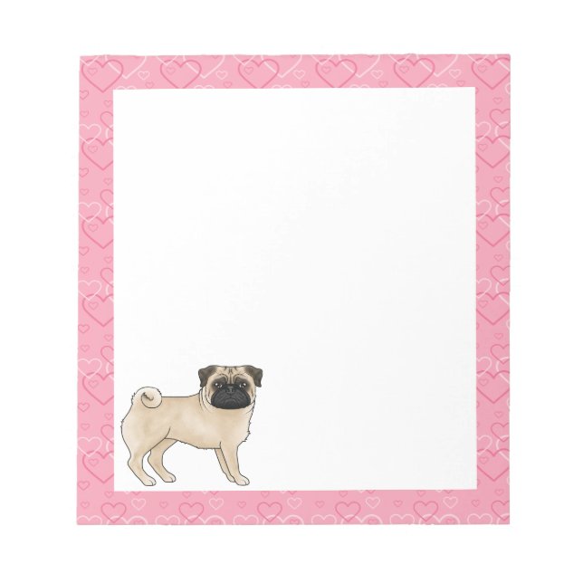 Fawn Mops Dog Cartoon Mops Liebe Herzmuster Rosa Notizblock (Vorderseite)