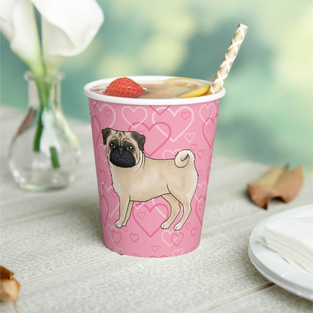 Fawn Mops Dog Cartoon Mops Liebe Herzmuster Rosa Pappbecher (In Situ)