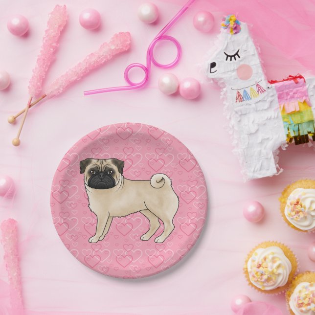 Fawn Mops Dog Cartoon Mops Liebe Herzmuster Rosa Pappteller (Party)