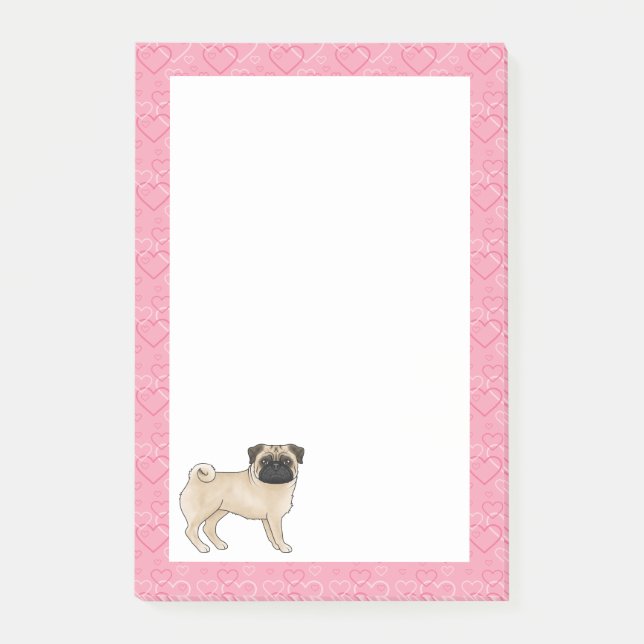 Fawn Mops Dog Cartoon Mops Liebe Herzmuster Rosa Post-it Klebezettel (Vorderseite)