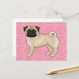 Fawn Mops Dog Cartoon Mops Liebe Herzmuster Rosa Postkarte