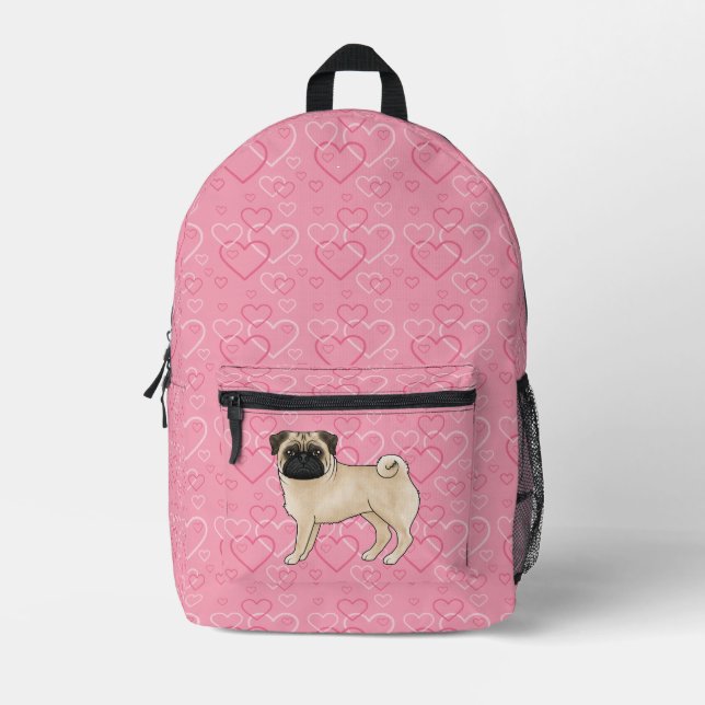 Fawn Mops Dog Cartoon Mops Pink Liebe Herzmuster Bedruckter Rucksack (Vorderseite)