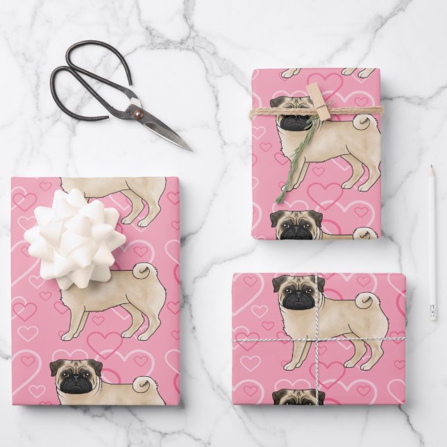 Fawn Mops Dog Cartoon Mops Pink Liebe Herzmuster Geschenkpapier Set (Vorderseite)