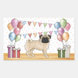 Fawn Mops Dog farbenfrohe Pastel Geburtstagsballon Rechteckiger Aufkleber