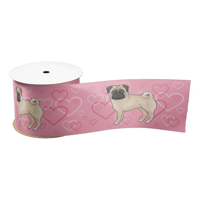 Fawn Mops Hund Cartoon Mops mit Herz Muster rosa Satinband (Spule)