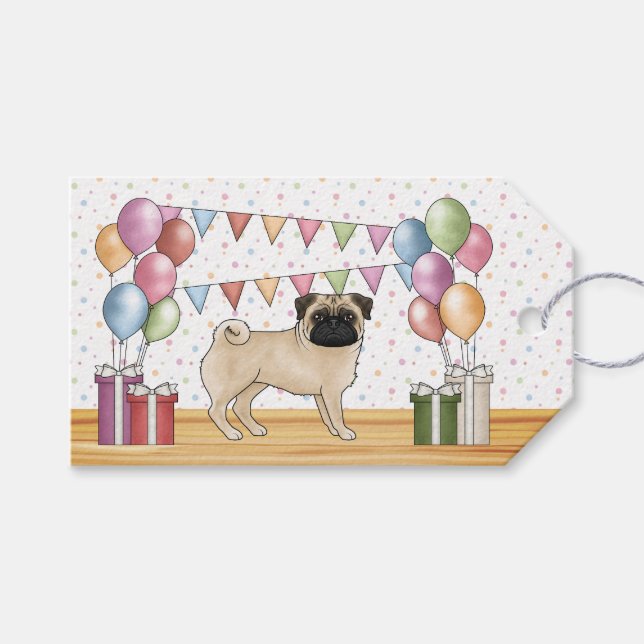 Fawn Mops Hund farbenfrohe Pastel Happy Birthday Geschenkanhänger (Vorderseite (Horizontal))