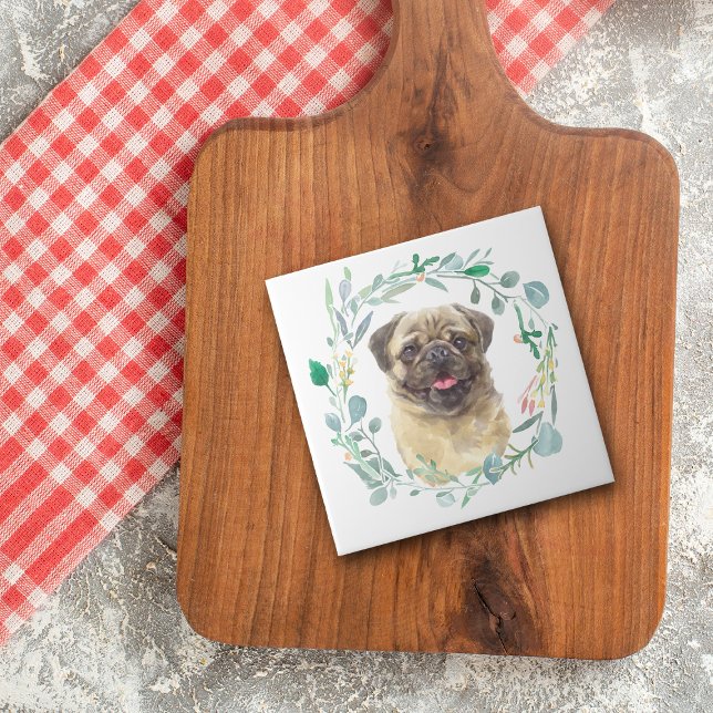 Fawn Mops Hund Grüner Kranz Keramik Tile Fliese (Von Creator hochgeladen)