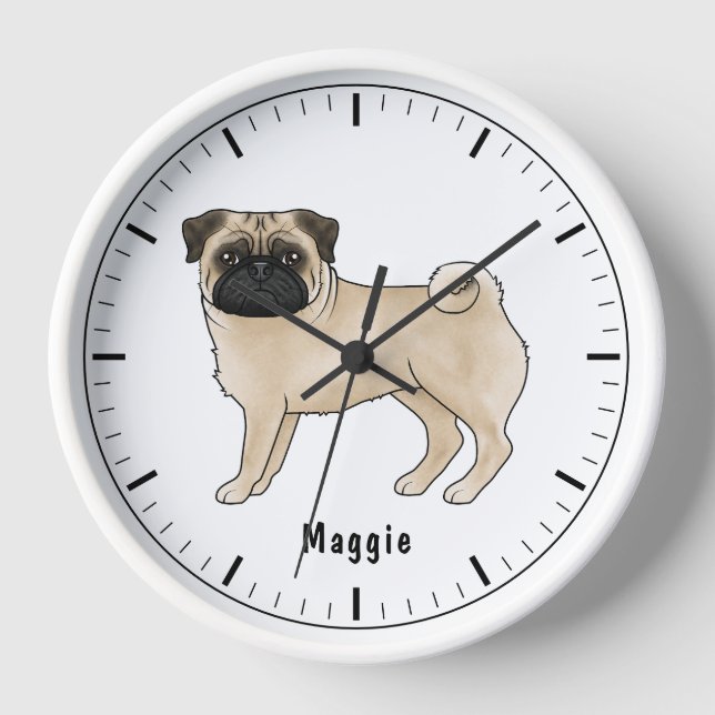 Fawn Mops Hund Niedliche Cartoon Illustration mit  Uhr (Vorderseite)