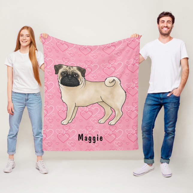 Fawn Mops Hund Niedlichen Mops und rosa Herzen mit Fleecedecke (Beispiel)