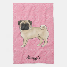 Fawn Mops Hund Niedlichen Mops und rosa Herzen mit Geschirrtuch