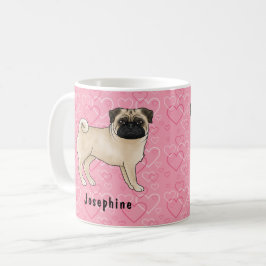 Fawn Mops Hund Niedlichen Mops und rosa Herzen mit Kaffeetasse