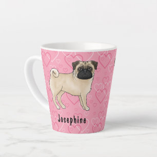 Fawn Mops Hund Niedlichen Mops und rosa Herzen mit Milchtasse