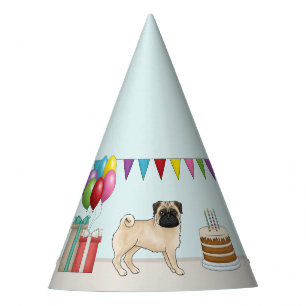 Fawn Mops Niedlich Cartoon Dog farbenfroh Geburtst Partyhütchen