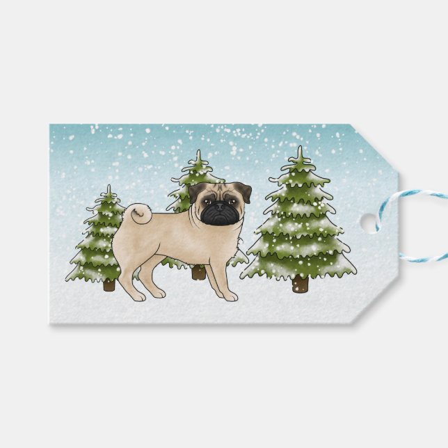 Fawn Mops Niedlich Cartoon Dog Schneewald Geschenkanhänger (Vorderseite (Horizontal))