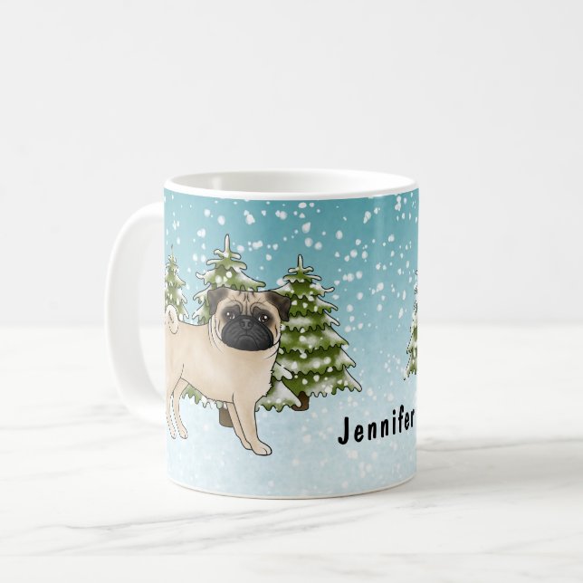 Fawn Mops Niedlich Cartoon Dog Schneewald Kaffeetasse (Vorderseite Links)
