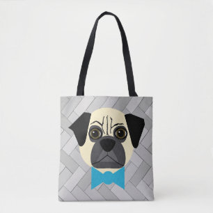 Fawn Mops with Bowtie, Herringbone grau