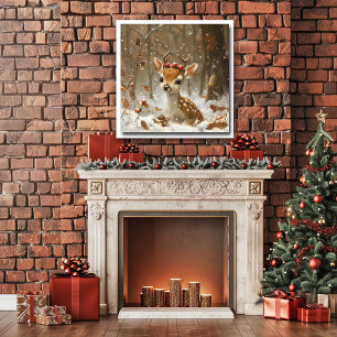 Fawn Red Berries Snow Forest Falling Blätter Poster