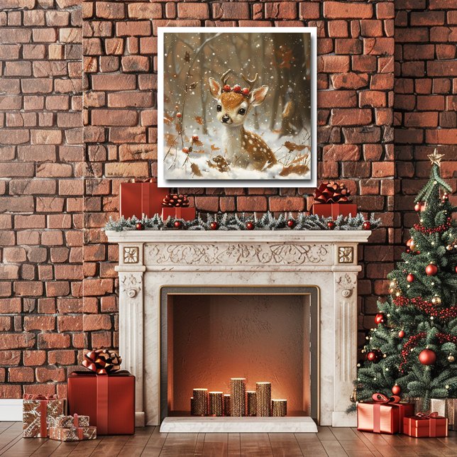 Fawn Red Berries Snow Forest Falling Blätter Poster (Von Creator hochgeladen)