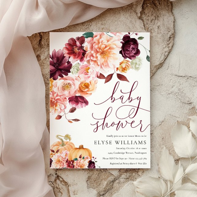 Faye Burgundy Bloral Herbst Babydusche Einladung (Von Creator hochgeladen)