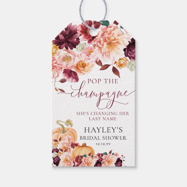 Faye Burgundy Fall Floral Pop Der Champagner Geschenkanhänger (Vorderseite)