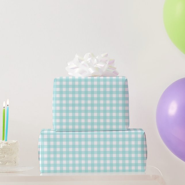 Faye und Lauren Aqua Blue Gingham Geschenkpapier (Partygeschenke)