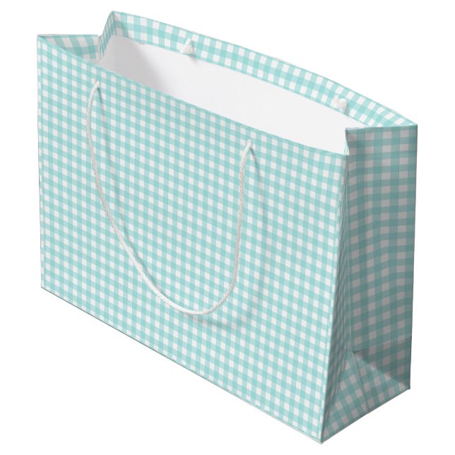 Faye und Lauren Aqua Blue Gingham Paper Große Geschenktüte (Rückseite Schrägansicht)