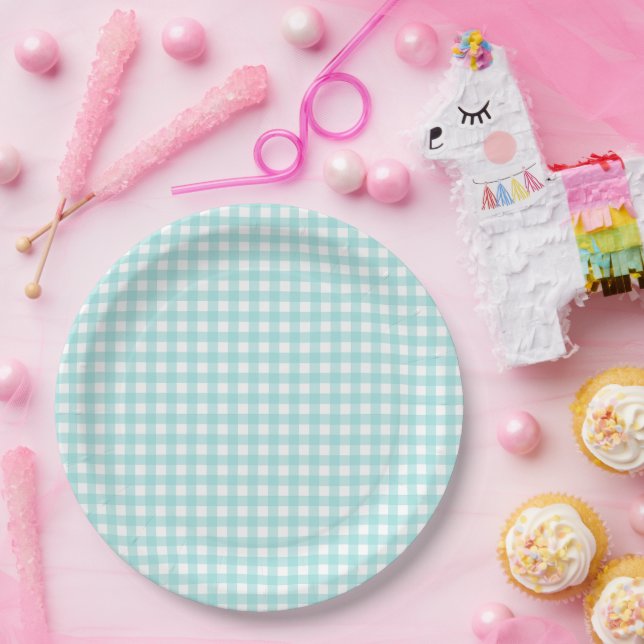 Faye und Lauren Aqua Blue Gingham Pappteller (Party)