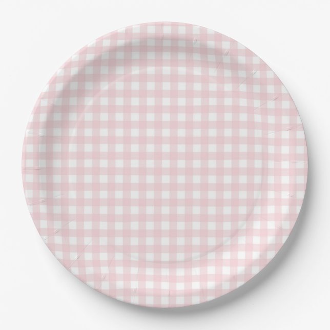 Faye und Lauren Blush Gingham Pappteller (Vorderseite)