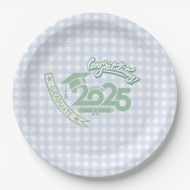 Faye und Lauren Light Blue Gingham Abschluss 2025 Pappteller (Vorderseite)