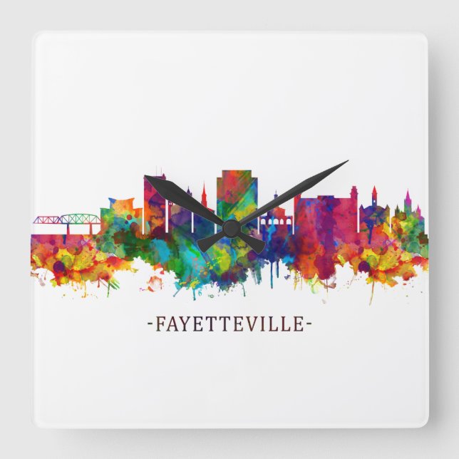 Fayetteville North Carolina Skyline Quadratische Wanduhr (Vorderseite)