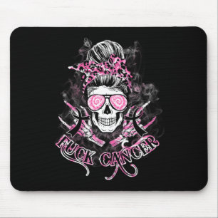 Fck Cancer Skull Messy Bun Pink Breast Cancer Awar Mousepad
