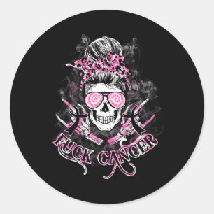 Fck Cancer Skull Messy Bun Pink Breast Cancer Awar Runder Aufkleber