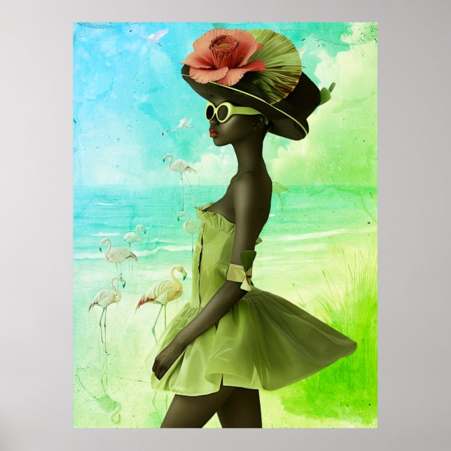 *~* FD2 25 Bold Flamingo Tropical Black Woman Poster (Vorne)