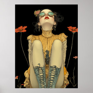 FD2 Retro Whimsical Girl Art 26 Vintage Floral Poster