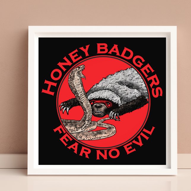 Fear no Evil Badass Honey Badger Red Animal Art Fotodruck (Honey badger quote fear no evil pred and black poster with honey badger and cobra snake illustration)