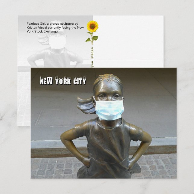 Fearless Girl mit Gesichtsmaske - NYC H Postcard Postkarte (Vorne/Hinten)