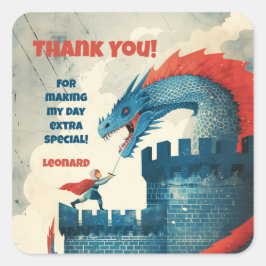 Fearless Knight and Dragon Birthday Party Quadratischer Aufkleber