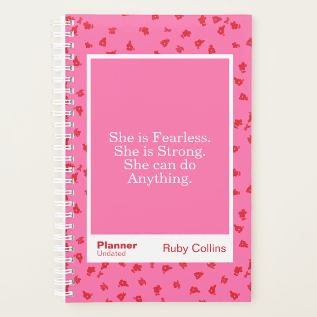 Fearless Pink Floral Inspirational Quote Planer (Vorderseite)