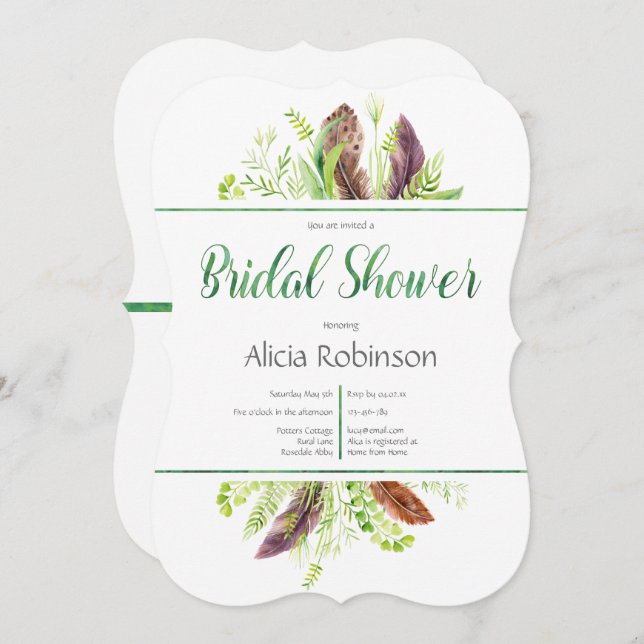 Feather and Foliage Boho Bridal Dusche Einladung (Vorne/Hinten)