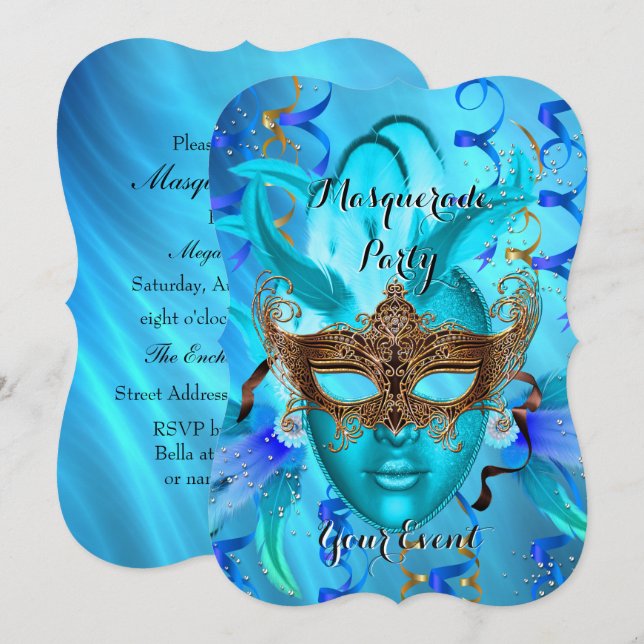 Feather Aquamarin Gold Masquerade Party Einladung (Vorne/Hinten)