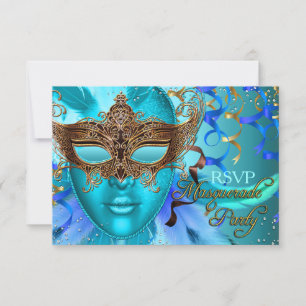 Feather Aquamarin Goldmaske Masquerade Party UAWG RSVP Karte