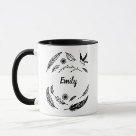 Feather, Bird and Leaves Line Art Custom Name Tasse