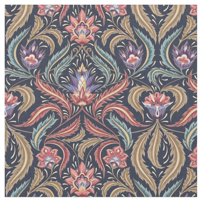 Feather Blätter Floral Damask Green Pink Lavendel Stoff (Nahaufnahme)