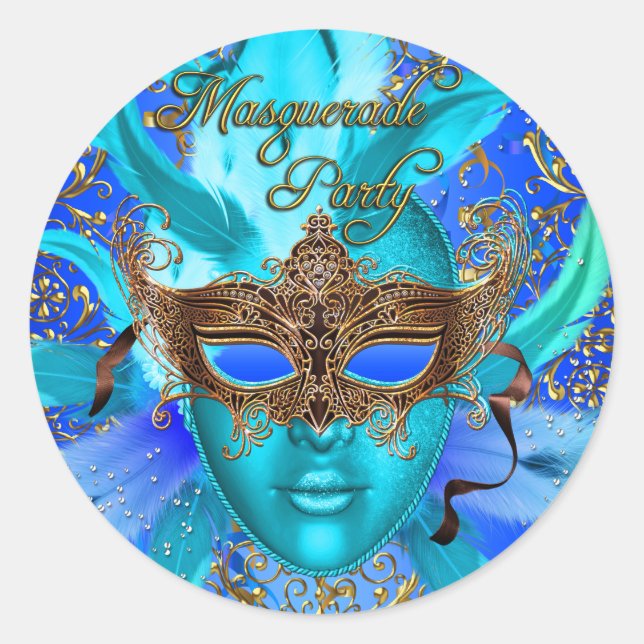 Feather Blue & Gold Masquerade Party Sticker (Vorderseite)