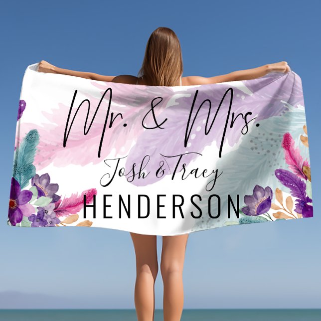 Feather & Blume Mr. and Mrs. Personalisiert Weddin Strandtuch (Feather & Flowers Mr and Mrs Personalized Wedding Beach Towel)