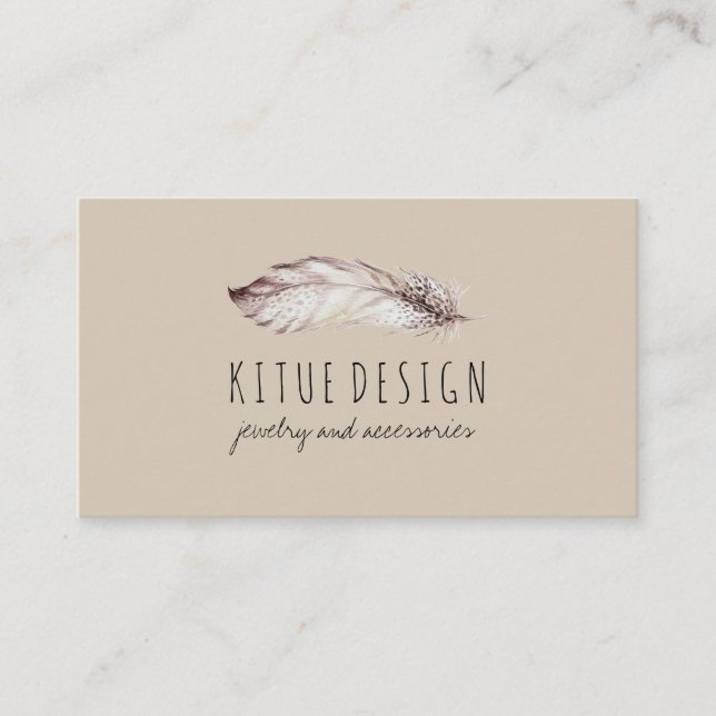 Feather Boho Girly Feminine Beige Gray Visitenkarte (Vorderseite)