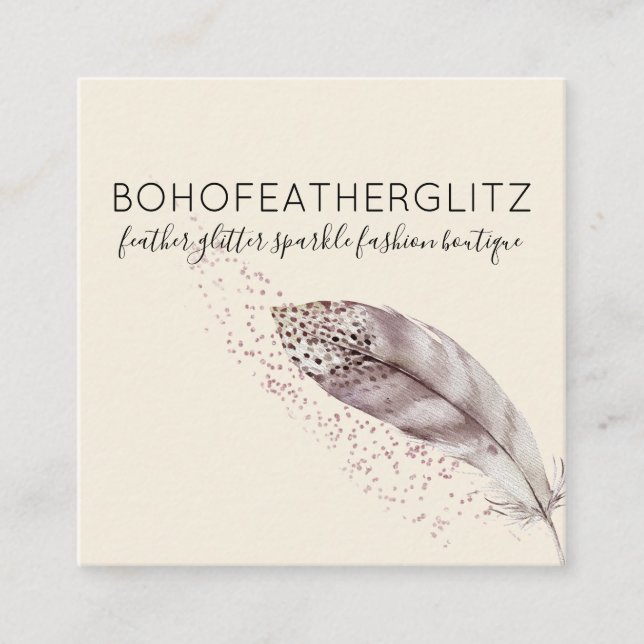 Feather Boho Glitter beige Elegant Quadratische Visitenkarte (Vorderseite)
